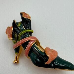 KJL Kenneth Jay Lane Enamel Shoe Brooch Pink Floral Gold Tone NIB